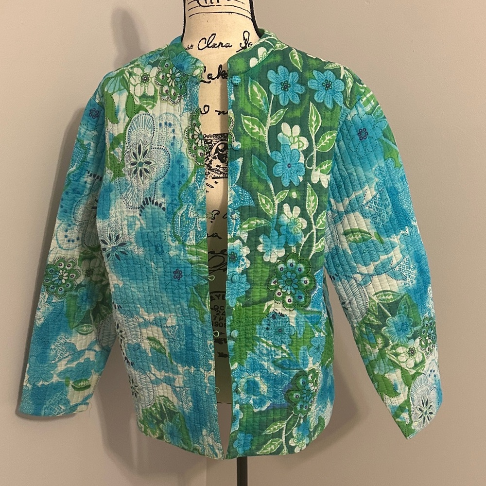 Phool Floral Quilted Jacket - Blue and Green